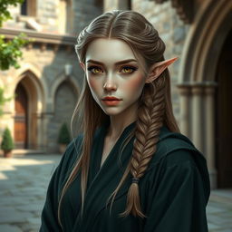 A beautiful half-elf character with pale skin and long light brown hair styled in a sophisticated plait, complementing her large, mesmerizing amber eyes