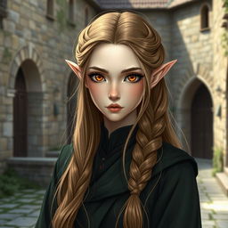 A beautiful half-elf character with pale skin and long light brown hair styled in a sophisticated plait, complementing her large, mesmerizing amber eyes