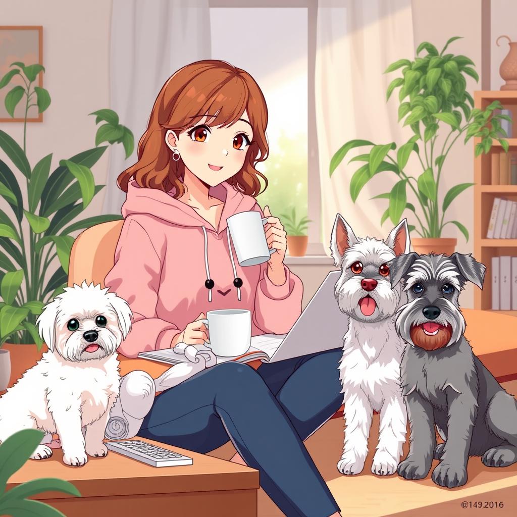 a happy and cute anime-style woman with brown wavy hair, wearing a pink froggie hoodie, studying and sipping coffee in her cozy living room during the afternoon