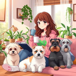 a happy and cute anime-style woman with brown wavy hair, wearing a pink froggie hoodie, studying and sipping coffee in her cozy living room during the afternoon