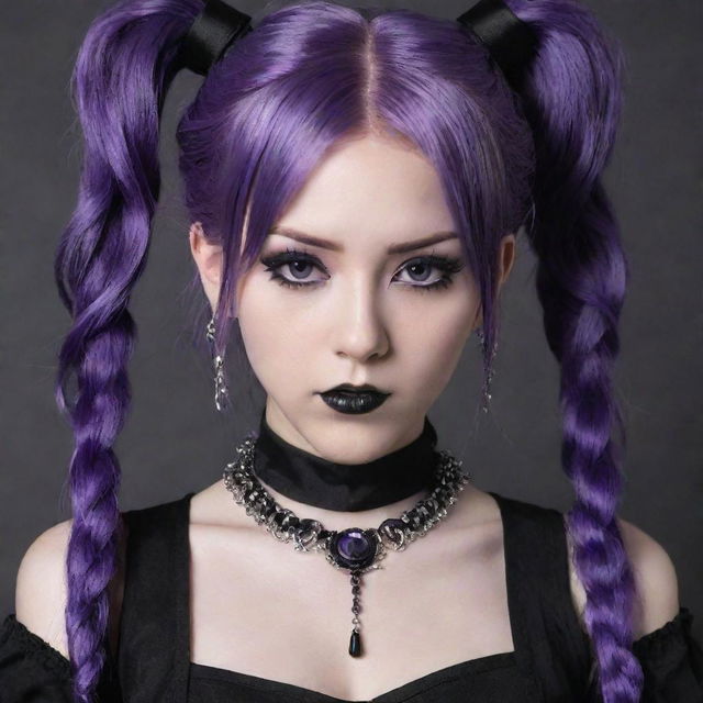 Goth-styled anime girl with dark clothing, intricate silver jewelry, and striking eye makeup. She has unique purple hair styled in pigtails.