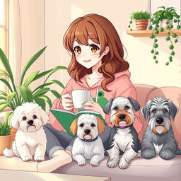 a happy and cute anime-style woman with brown wavy hair, wearing a pink froggie hoodie, studying and sipping coffee in her cozy living room during the afternoon