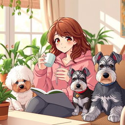 a happy and cute anime-style woman with brown wavy hair, wearing a pink froggie hoodie, studying and sipping coffee in her cozy living room during the afternoon