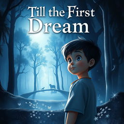 A captivating movie poster illustrating a young boy standing at the edge of a mysterious forest, with an expression of wonder and curiosity