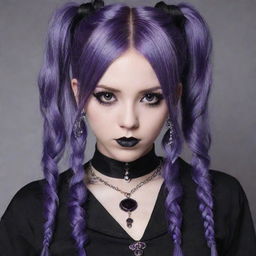 Goth-styled anime girl with dark clothing, intricate silver jewelry, and striking eye makeup. She has unique purple hair styled in pigtails.