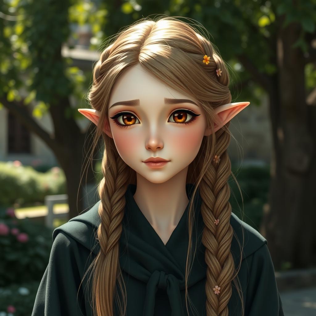 A charming half-elf with a delicate appearance, characterized by her pale skin and round features