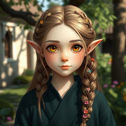 A charming half-elf with a delicate appearance, characterized by her pale skin and round features