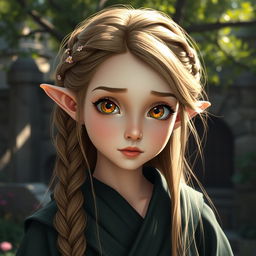 A charming half-elf with a delicate appearance, characterized by her pale skin and round features