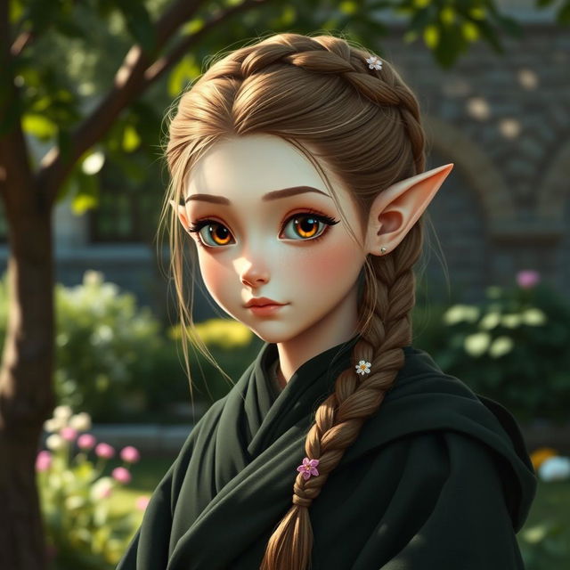 A charming half-elf with a delicate appearance, characterized by her pale skin and round features