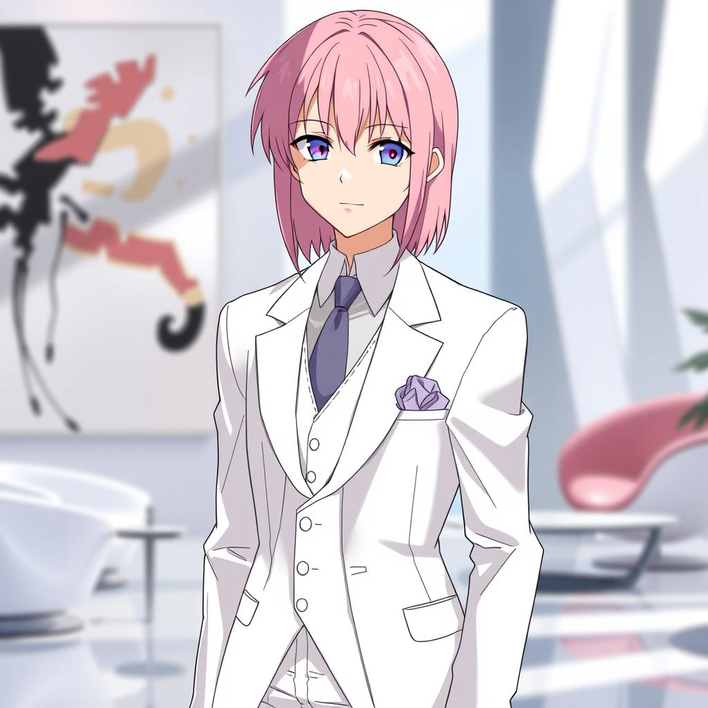 Anime male character with waist-length, straight pink hair wearing an elegant white three-piece suit