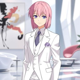 Anime male character with waist-length, straight pink hair wearing an elegant white three-piece suit