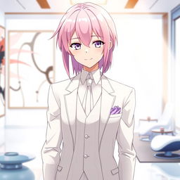 Anime male character with waist-length, straight pink hair wearing an elegant white three-piece suit