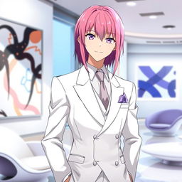 Anime male character with waist-length, straight pink hair wearing an elegant white three-piece suit