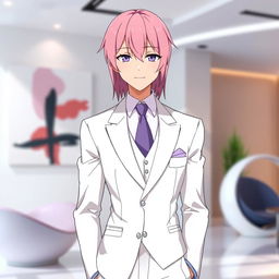 Anime male character with waist-length, straight pink hair wearing an elegant white three-piece suit