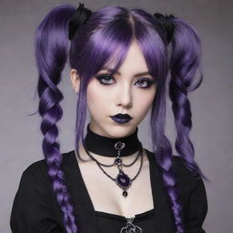 Goth-styled anime girl with dark clothing, intricate silver jewelry, and striking eye makeup. She has unique purple hair styled in pigtails.