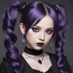 Goth-styled anime girl with dark clothing, intricate silver jewelry, and striking eye makeup. She has unique purple hair styled in pigtails.