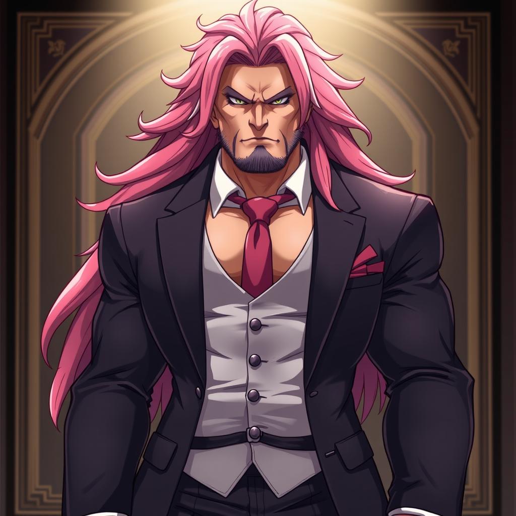 A buff and grizzly anime male character with long, flowing pink hair, wearing a stylish three-piece suit