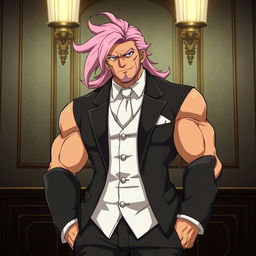 A buff and grizzly anime male character with long, flowing pink hair, wearing a stylish three-piece suit