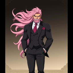 A buff and grizzly anime male character with long, flowing pink hair, wearing a stylish three-piece suit