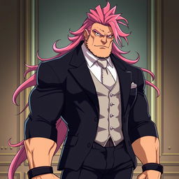 A buff and grizzly anime male character with long, flowing pink hair, wearing a stylish three-piece suit