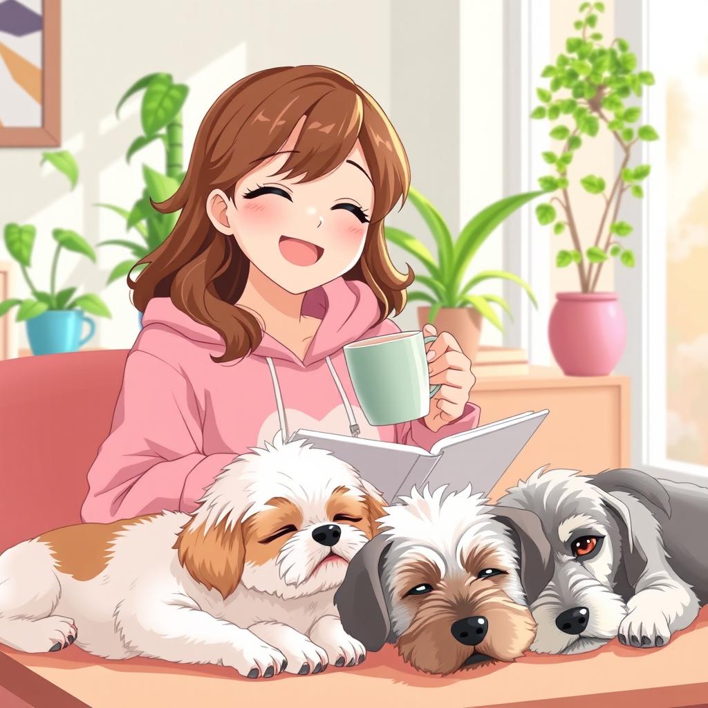 a happy and cute anime-style woman with brown wavy hair, wearing a pink froggie hoodie, is joyfully studying and sipping coffee in her cozy living room during the afternoon