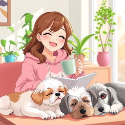 a happy and cute anime-style woman with brown wavy hair, wearing a pink froggie hoodie, is joyfully studying and sipping coffee in her cozy living room during the afternoon