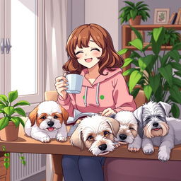 a happy and cute anime-style woman with brown wavy hair, wearing a pink froggie hoodie, is joyfully studying and sipping coffee in her cozy living room during the afternoon