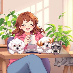 a happy and cute anime-style woman with brown wavy hair, wearing a pink froggie hoodie, is joyfully studying and sipping coffee in her cozy living room during the afternoon