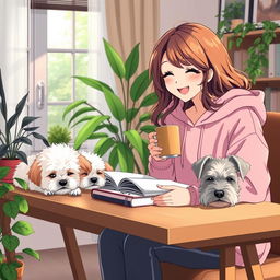 a happy and cute anime-style woman with brown wavy hair, wearing a pink froggie hoodie, is joyfully studying and sipping coffee in her cozy living room during the afternoon