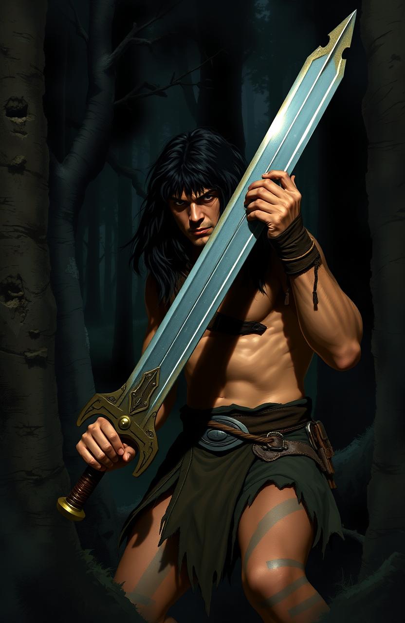 A young Conan the Barbarian, showcasing his robust physique and long, wild dark hair, is deeply immersed in a dense, shadowy forest