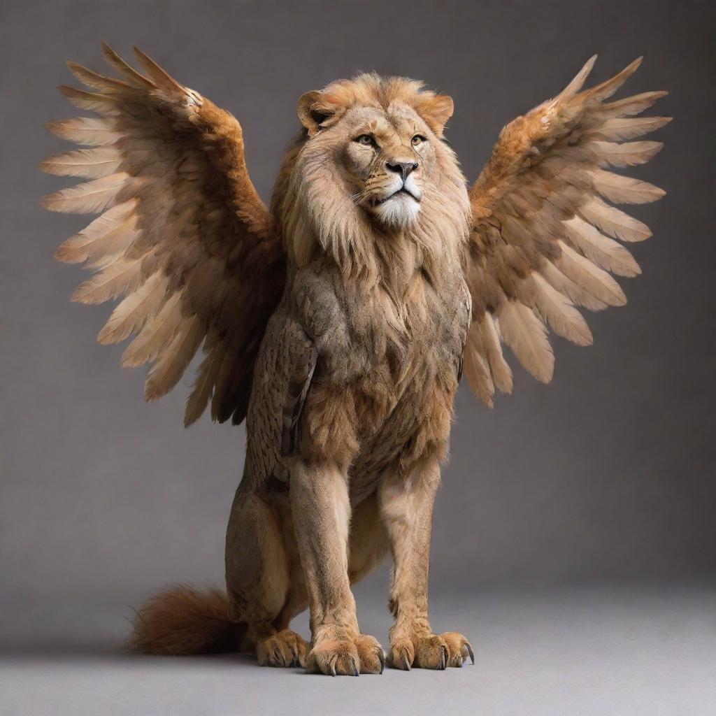 A majestic hybrid creature that combines the body of a powerful lion with the head and wings of a wise owl.