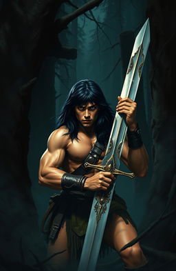 A young Conan the Barbarian, showcasing his robust physique and long, wild dark hair, is deeply immersed in a dense, shadowy forest