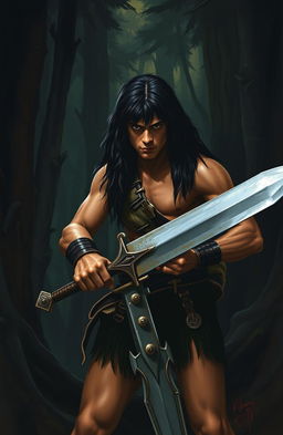 A young Conan the Barbarian, showcasing his robust physique and long, wild dark hair, is deeply immersed in a dense, shadowy forest