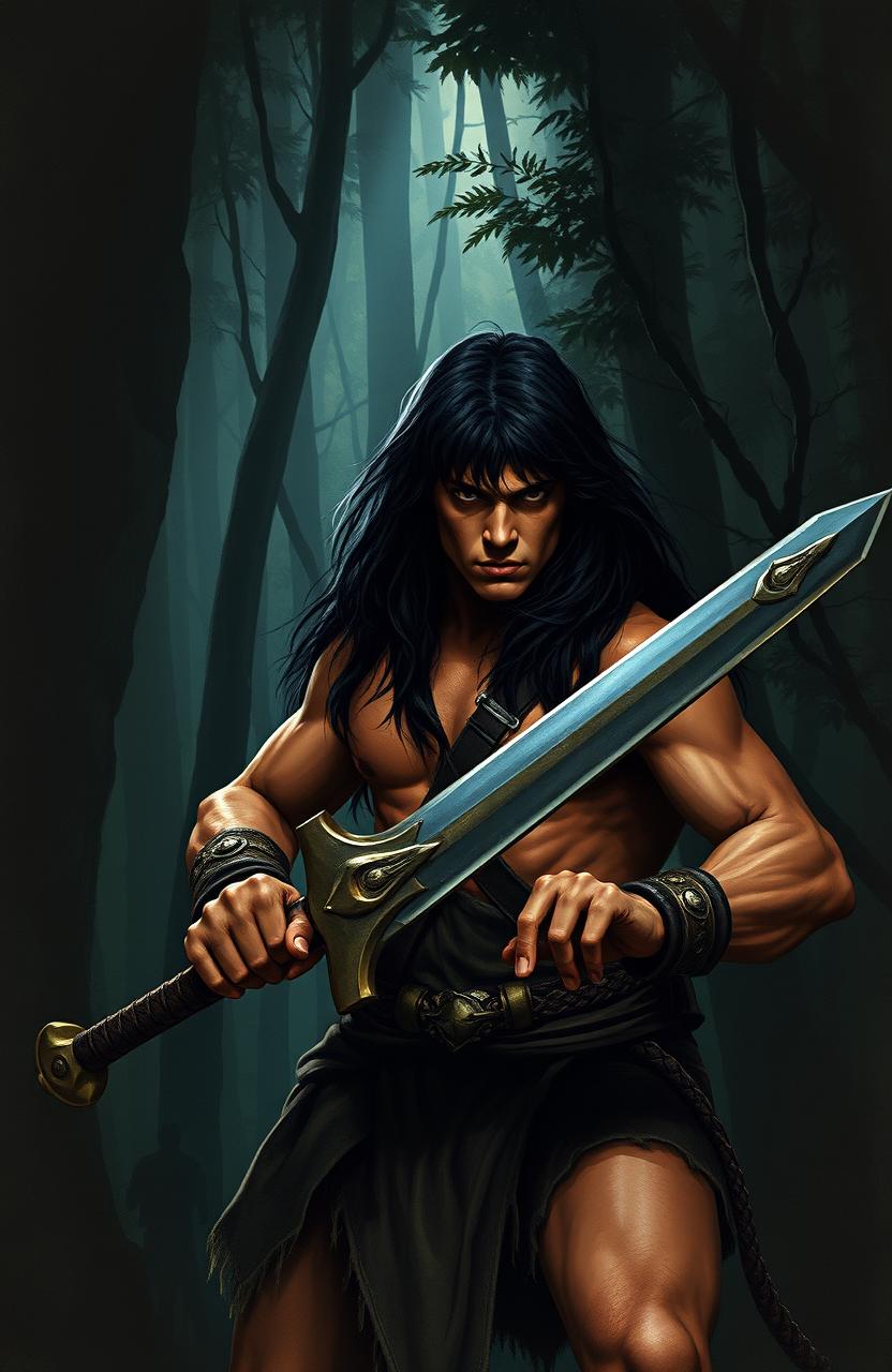 A young Conan the Barbarian, showcasing his robust physique and long, wild dark hair, is deeply immersed in a dense, shadowy forest