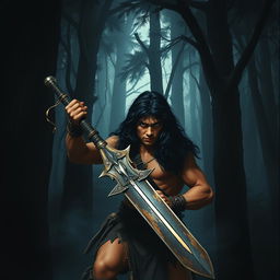 A young Conan the Barbarian, showcasing his robust physique and long, wild dark hair, is deeply immersed in a dense, shadowy forest