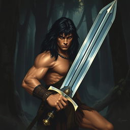 A young Conan the Barbarian, showcasing his robust physique and long, wild dark hair, is deeply immersed in a dense, shadowy forest