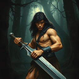 A young Conan the Barbarian, showcasing his robust physique and long, wild dark hair, is deeply immersed in a dense, shadowy forest