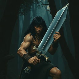 A young Conan the Barbarian, showcasing his robust physique and long, wild dark hair, is deeply immersed in a dense, shadowy forest