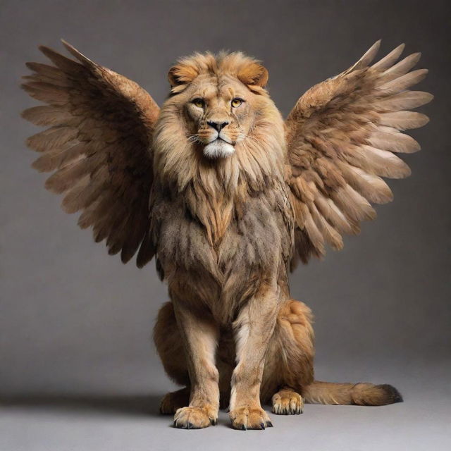 A majestic hybrid creature that combines the body of a powerful lion with the head and wings of a wise owl.