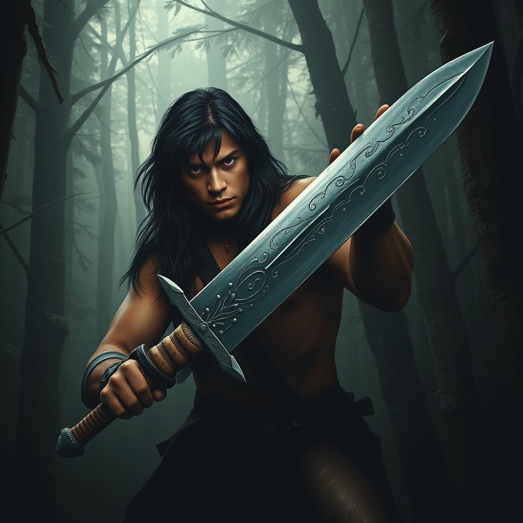 A young Conan the Barbarian, showcasing his robust physique and long, wild dark hair, is deeply immersed in a dense, shadowy forest