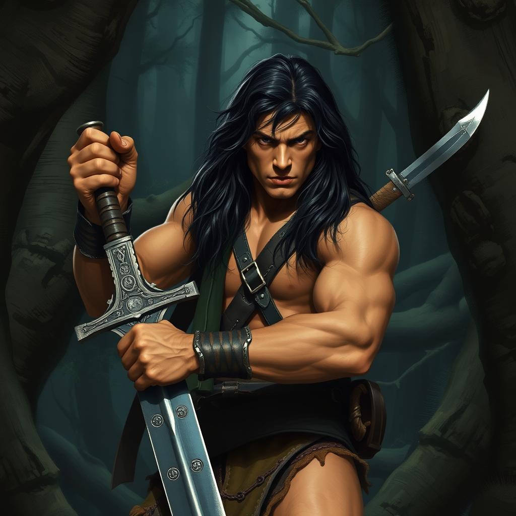 A young Conan the Barbarian, showcasing his robust physique and long, wild dark hair, is deeply immersed in a dense, shadowy forest