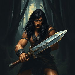 A young Conan the Barbarian, showcasing his robust physique and long, wild dark hair, is deeply immersed in a dense, shadowy forest