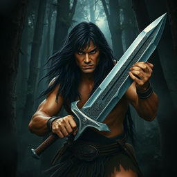 A young Conan the Barbarian, showcasing his robust physique and long, wild dark hair, is deeply immersed in a dense, shadowy forest