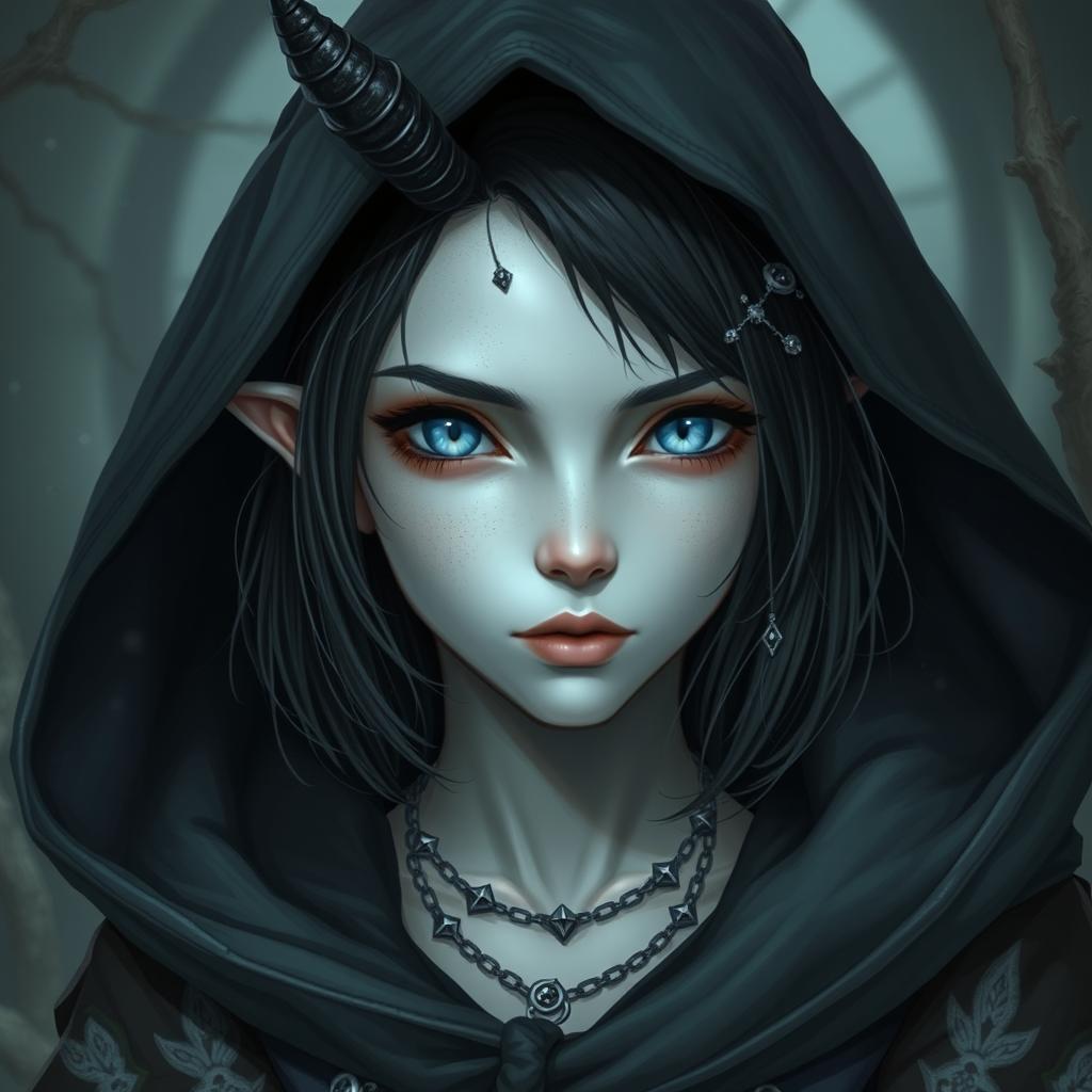A teenage female Tiefling with pale grey skin and narrow ice-blue eyes, featuring shoulder-length black hair adorned with thin silver chains and jewels