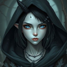 A teenage female Tiefling with pale grey skin and narrow ice-blue eyes, featuring shoulder-length black hair adorned with thin silver chains and jewels