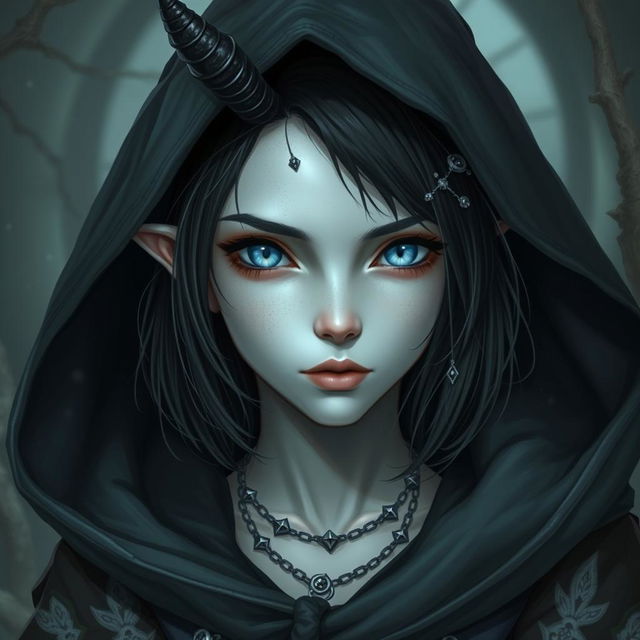 A teenage female Tiefling with pale grey skin and narrow ice-blue eyes, featuring shoulder-length black hair adorned with thin silver chains and jewels
