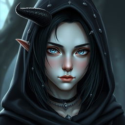 A teenage female Tiefling with pale grey skin and narrow ice-blue eyes, featuring shoulder-length black hair adorned with thin silver chains and jewels