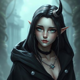 A teenage female Tiefling with pale grey skin and narrow ice-blue eyes, featuring shoulder-length black hair adorned with thin silver chains and jewels