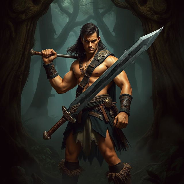 A young muscular warrior inspired by Conan the Barbarian, set in a dark, mysterious forest