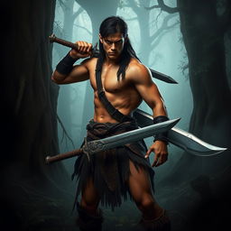 A young muscular warrior inspired by Conan the Barbarian, set in a dark, mysterious forest